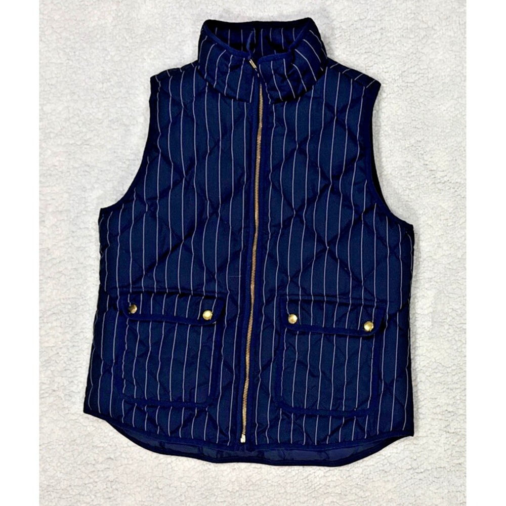 J.Crew Women's M Navy White Pinstripe Quilted Down Vest Gold Hardware